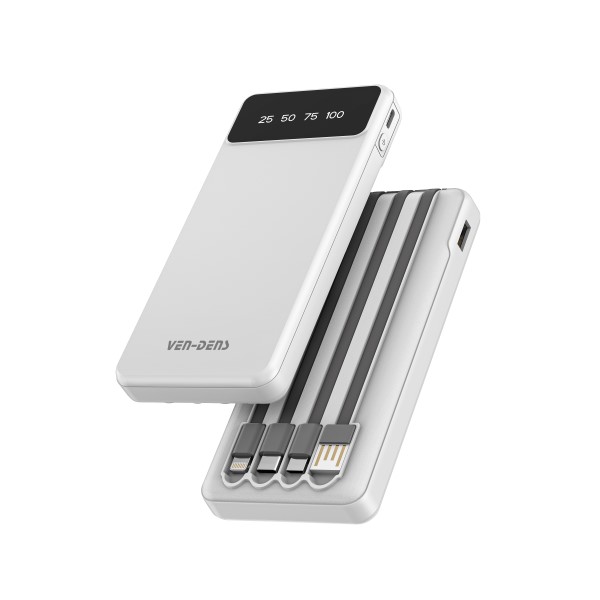 White VEN-DENS power bank with four built-in charging cables and digital battery display
